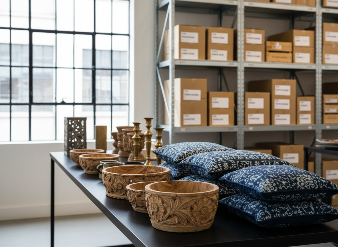 A curated arrangement of Indian artisan home décor pieces displayed on a long, matte black console table in a bright, minimalist showroom. Hand-carved teakwood bowls with intricate floral motifs, brass candlesticks with a soft patina, and indigo block-printed cushions are arranged in balanced groups. Behind them, tall shelving showcases neatly stacked cartons and labeled crates, hinting at wholesale scale rather than retail browsing. Soft, diffused daylight from large warehouse-style windows creates gentle highlights on metal surfaces and rich shadows in wood carvings. Captured at eye level with photographic realism and a shallow depth of field, the focus stays on the craftsmanship while the blurred background suggests a sophisticated B2B sourcing environment in Amsterdam.