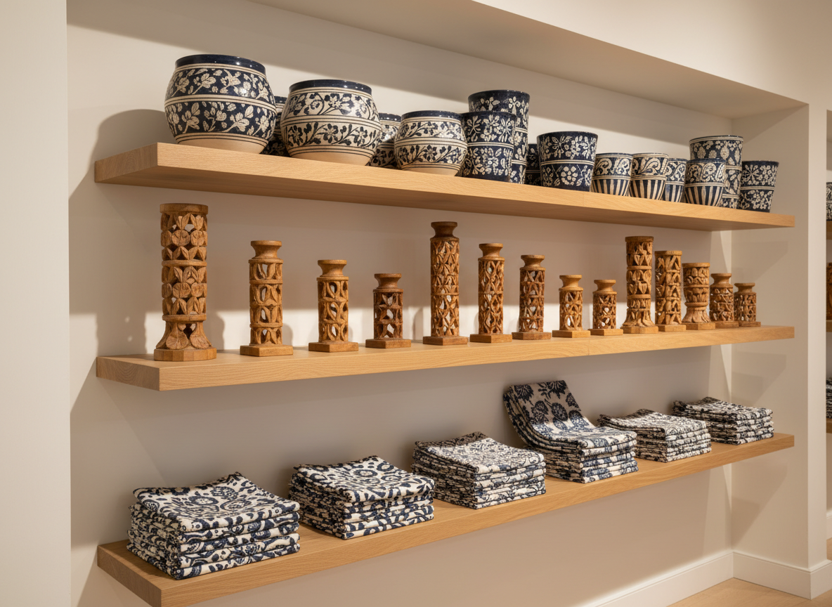Founder Agha Ali reviewing handcrafted Indian home décor samples in a calm Amsterdam studio, surrounded by textiles, ceramics, and wood pieces prepared for wholesale buyers.
