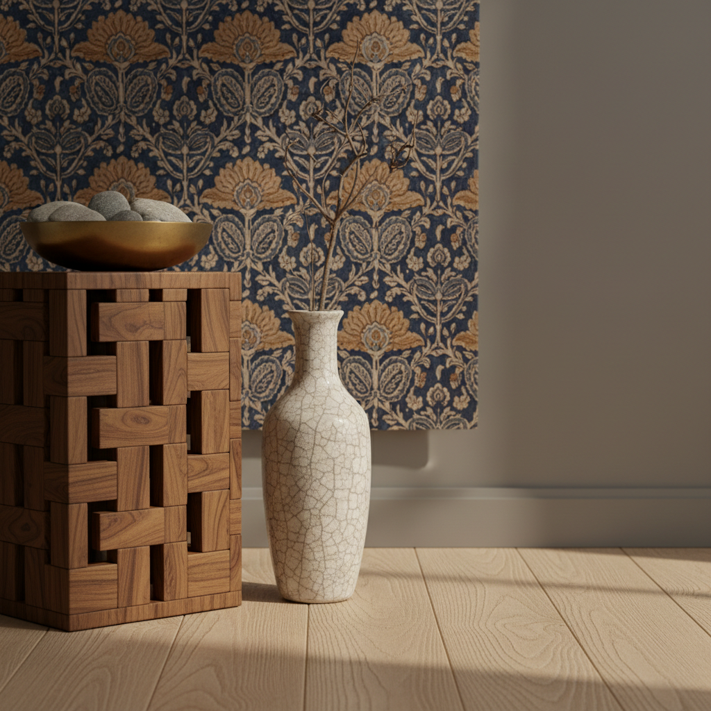 A close-up, photographic shot of an elegant corner vignette featuring Indian artisan décor styled for a high-end interior designer’s showroom. A hand-carved sheesham wood side table supports a matte brass bowl filled with smooth river stones, beside a tall, slender ceramic vase with a subtle off-white crackle glaze. Behind, a block-printed wall hanging in deep indigo and soft sand tones adds depth. The scene is set against a smooth, warm grey wall and wide-plank oak flooring. Soft, directional side lighting from an unseen window creates gentle gradients and refined shadows, emphasizing textures and craftsmanship. Framed using the rule of thirds with a shallow depth of field, the atmosphere feels serene, curated, and unmistakably upscale B2B.
