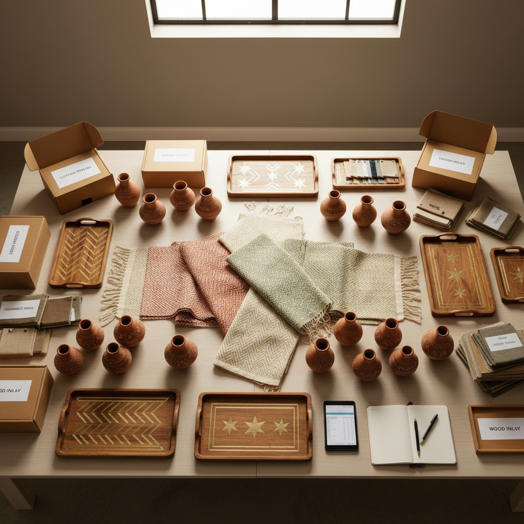 An overhead photographic view of a large packing table covered with neatly laid out Indian handicraft samples ready for wholesale buyers: hand-loomed cotton throws in muted desert tones, small terracotta vases with subtle etched patterns, and polished mango wood trays with brass inlay. Around the table, open sample boxes and swatch books are arranged with precise order, suggesting a professional sourcing meeting. Soft studio lighting from above eliminates harsh shadows, revealing textures in the textiles and ceramics. The mood is calm, organized, and sophisticated, with a clean, modern backdrop in warm greys that makes the artisanal pieces the clear focal point for B2B decision-makers.