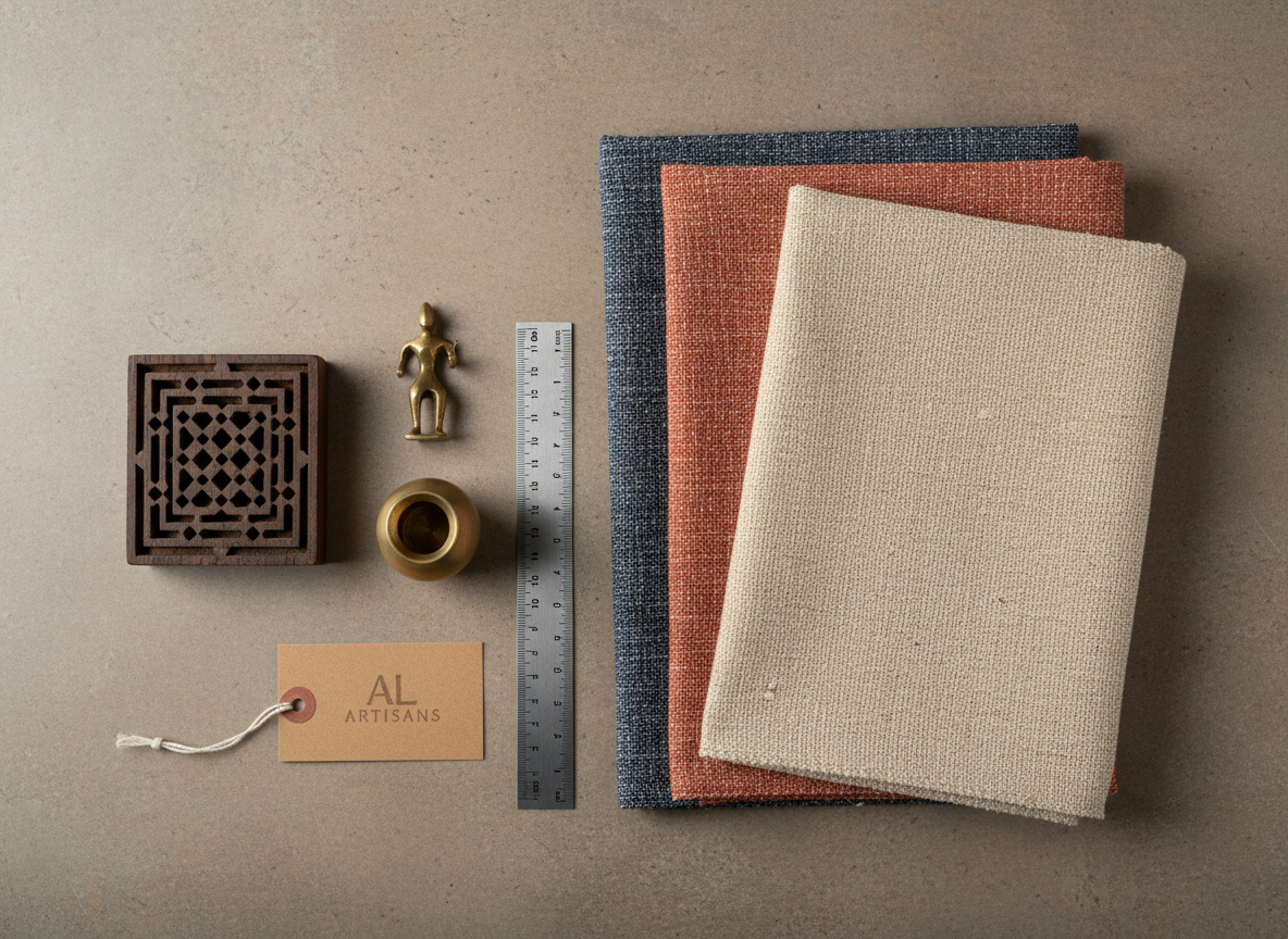 A refined flat lay composition capturing the essence of Al Artisans’ Indian handicraft range for design professionals. On a warm stone-grey surface lie overlapping swatches of handwoven textiles in muted terracotta, indigo, and natural ecru, alongside a small carved wooden panel with traditional jaali-inspired patterns, and two miniature brass objects with brushed finishes. A simple, unbranded kraft tag and a sleek metal measuring ruler subtly suggest professional specifying and wholesale ordering. Shot with photographic realism from directly above in soft, even natural light, the textures of fabric, wood, and metal are crisply defined. The composition is minimalist and balanced, evoking a sophisticated, considered mood while clearly signaling B2B sample curation rather than casual retail browsing.