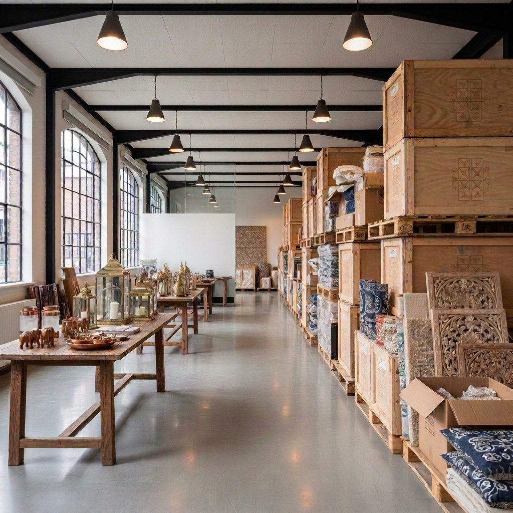 A sophisticated warehouse-meets-studio environment in Amsterdam, photographed in high realism, filled with neatly organized pallets of Indian artisan home décor destined for retailers and design firms. Stacked wooden crates stenciled with subtle geometric symbols hold bundles of handwoven rugs, while open cartons reveal brass lanterns and carved wooden wall panels wrapped in tissue. In the foreground, a long table holds a carefully arranged selection of samples under warm, diffused overhead lighting that minimizes glare and highlights textures. The space is clean, airy, and modern industrial, with concrete floors and tall windows letting in soft daylight, creating a mood of trust, transparency, and authentic sourcing at wholesale scale.