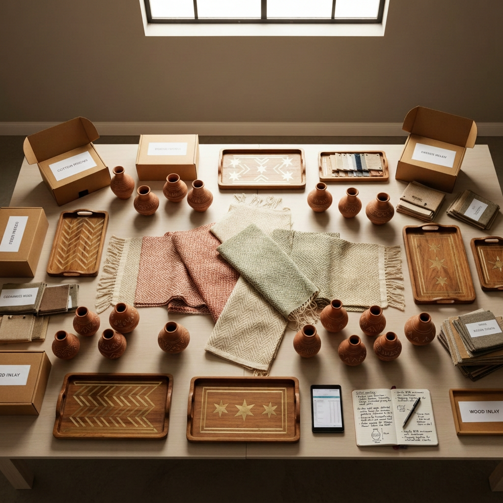 An overhead photographic view of a large packing table covered with neatly laid out Indian handicraft samples ready for wholesale buyers: hand-loomed cotton throws in muted desert tones, small terracotta vases with subtle etched patterns, and polished mango wood trays with brass inlay. Around the table, open sample boxes and swatch books are arranged with precise order, suggesting a professional sourcing meeting. Soft studio lighting from above eliminates harsh shadows, revealing textures in the textiles and ceramics. The mood is calm, organized, and sophisticated, with a clean, modern backdrop in warm greys that makes the artisanal pieces the clear focal point for B2B decision-makers.