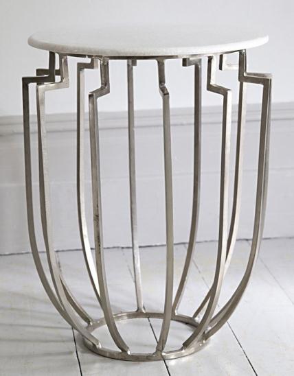 Round side table with an open metal cage base and a pale top